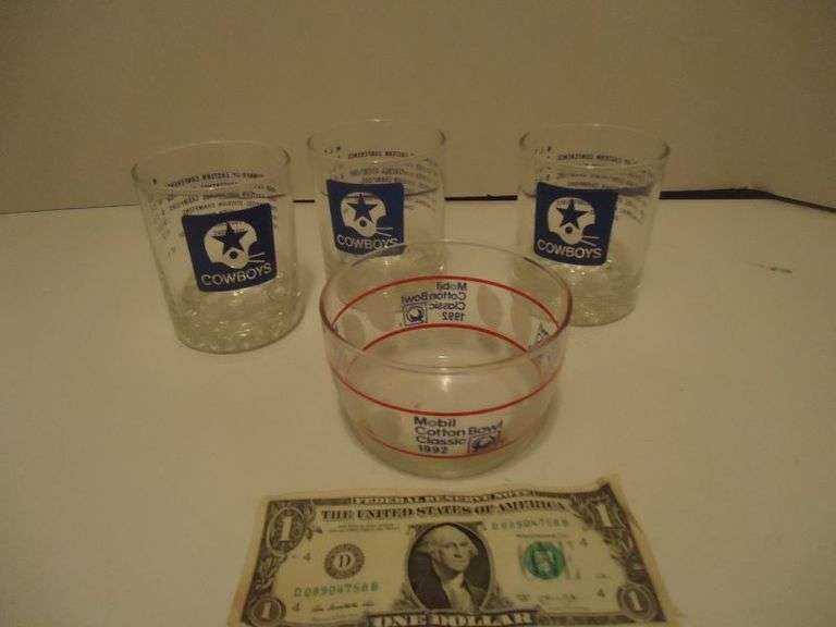 CASH ONLY  Three 1970 Dallas Cowboys Conference Champion glasses (one glass was put in Lot 6, if you need 4, also a1992 Mobil Cotton Bowl Classic bowl. (U)