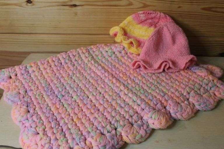 Very Nice Crochet Baby Blanket and 2 Tobogins.