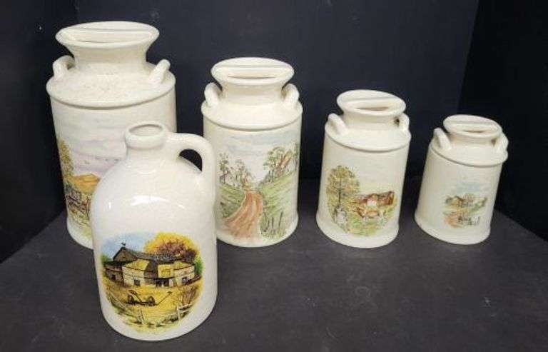 Vintage Ceramic Canister Set w / Ceramic Jug.  ~ cash only ~ .  (4B)