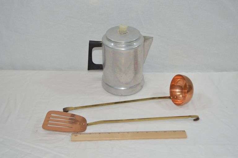 COMET ALUMINUM COFFEE POT & COPPER UTENSILS