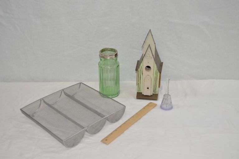 ASSORTED ITEMS: GLASS BELL, POTPOURRI HOLDER & MORE