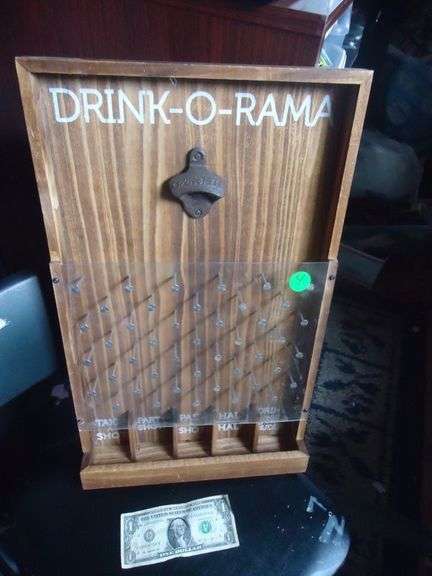 CASH ONLY  Wooden Drink-o-Rama Game, has bottle opener and where the cap falls is what you do, 12x21.