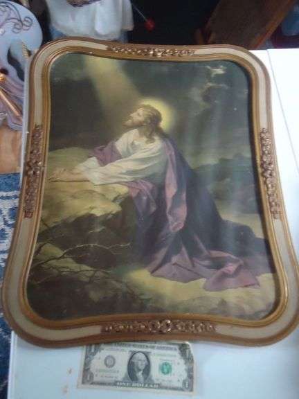 CASH ONLY  Vintage Gesso Framed Jesus Picture, 17 1/2" x 21 1/2"