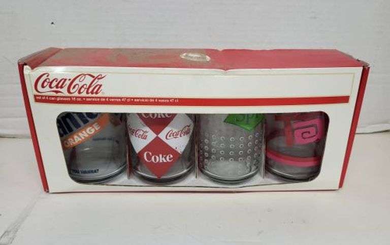 Set of 4 (16oz) Coca Cola Glass Can Set. (5E)
