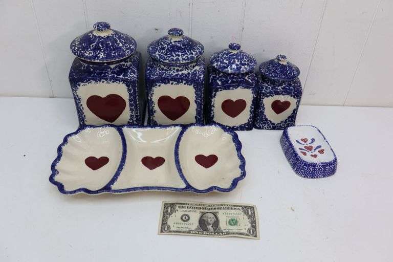 Vintage Set of Porcelain Blue Sponge Paint Canisters & More! (T1)