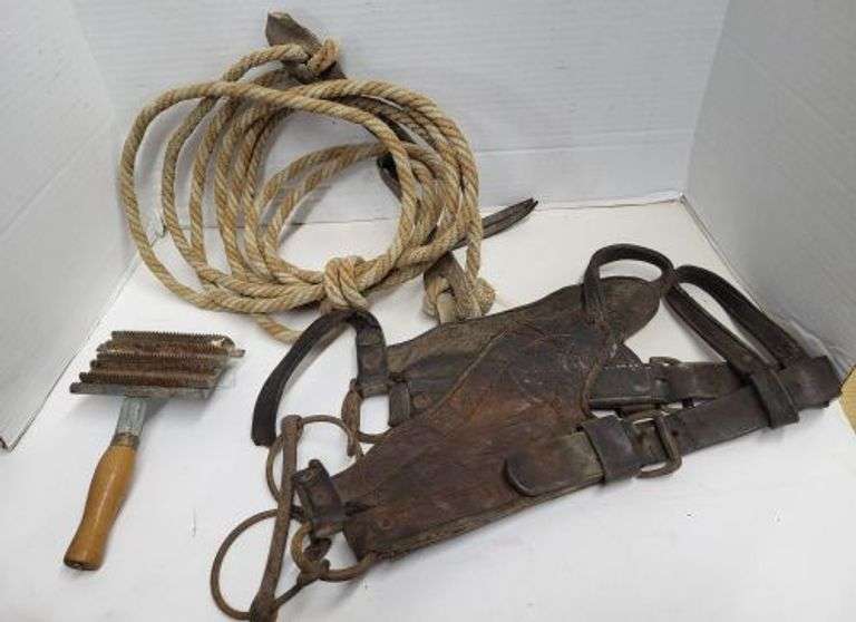 Rope, Antique Holster and more. ( curry combs added after photo). ~ cash only ~ . (8b)