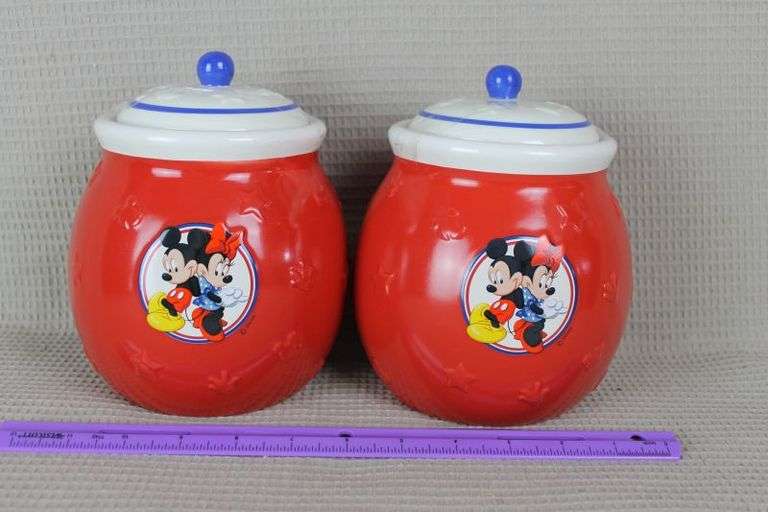 CASH ONLY Two Cute Mickey Mouse Canisters - One Has a Hairline Crack Doesn't Go Through  (L2-2)