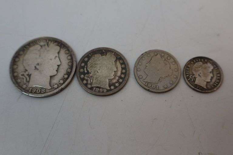 $ 1908 Barber Half-Dollar, 1899 Barber Quarter, 1901 Liberty V Nickel AND 1914 Barber Dime!! (DC)