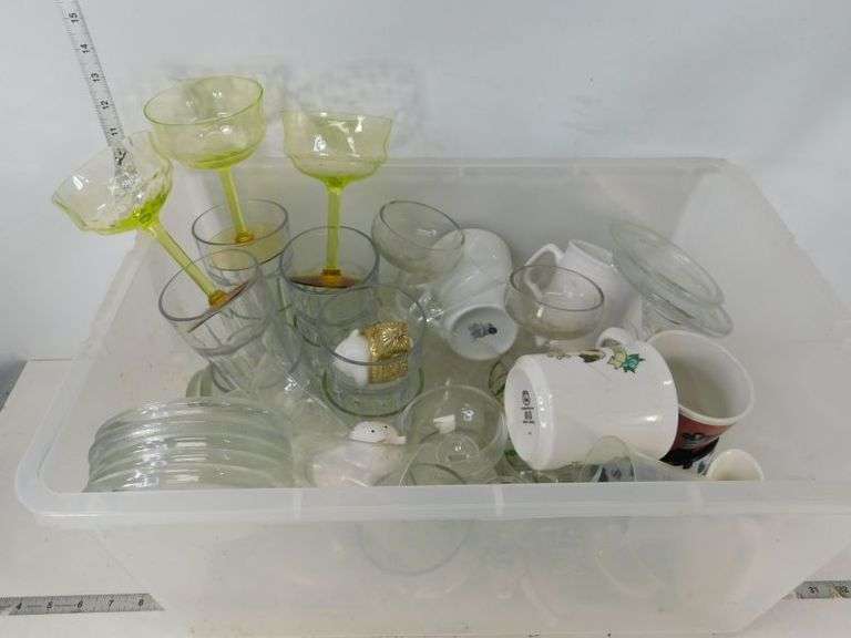 Plastic Bin Full of Glass Items-