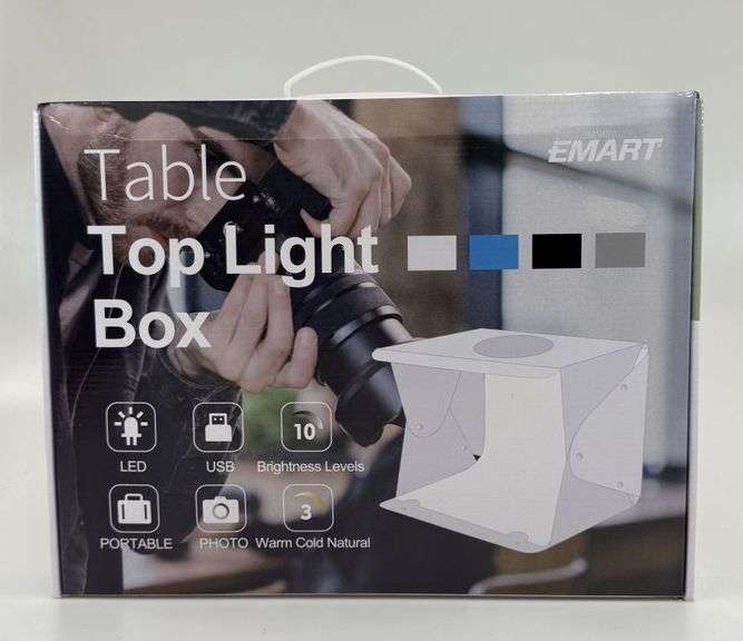 Table Top Light Box - Portable Photo Studio with Built-in 2 high out put LED strips & 4 color photo backdrops 16"x 13" x 14" *2 Pictures*