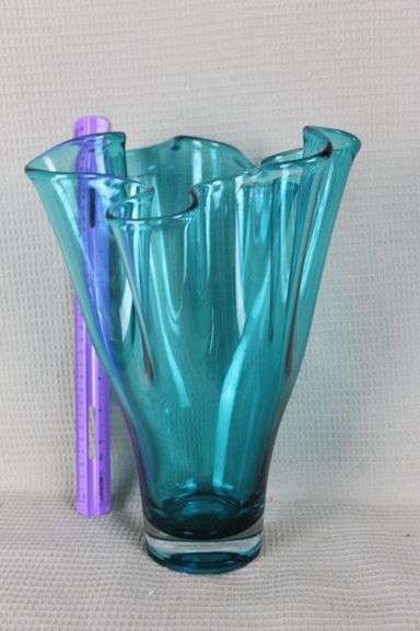 CASH ONLY 12 Inch Tall Blue Ruffled Glass Vase from Poland - Very Pretty - Come See (L2-3)