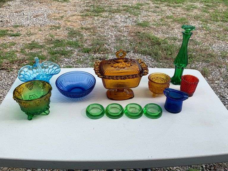 Vintage Colored Glassware Candy Dishes, Vase