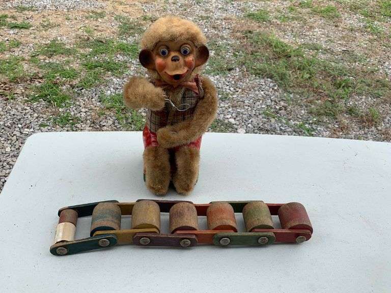 Vintage Tin Litho Monkey Blowing Bubbles & Wood Roller Toy