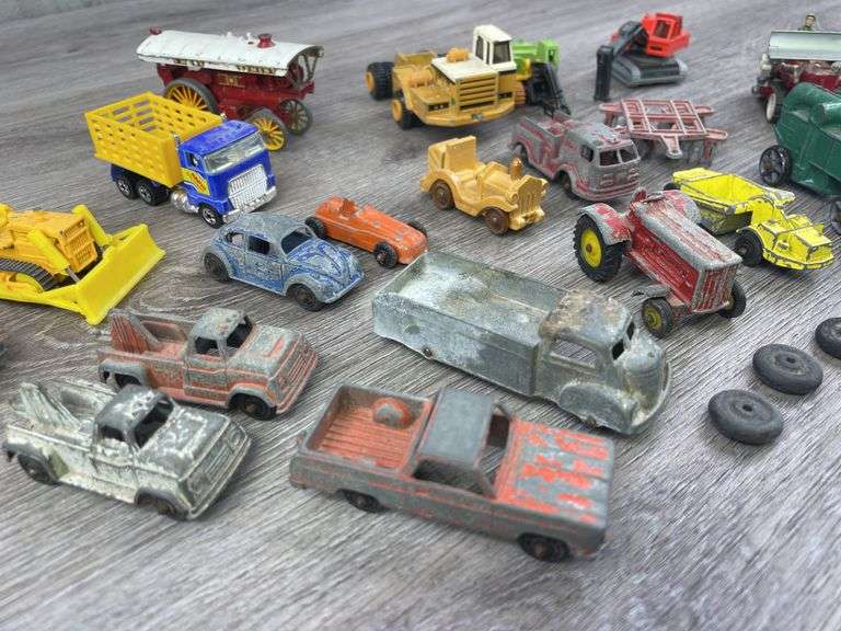 Truck, Cars, Thresher, Dozers, Excavators & Disc, 1/64, Ertl, Tootsie Toys, Lesney, Some Missing & Broken Parts