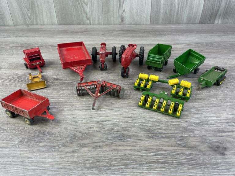 John Deere, Case International, Cockshutt Tractors & Implements-Ertl, Tootsie Toys, Scale Models; Mostly 1/64, Some Missing & Broken Parts
