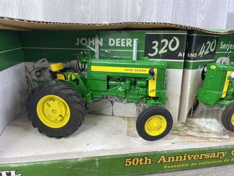 John Deere 320 & 420 WF Tractor Set, 1/16, Ertl Britains, 50th Anniversary Collector Set, Box Has Water Damage