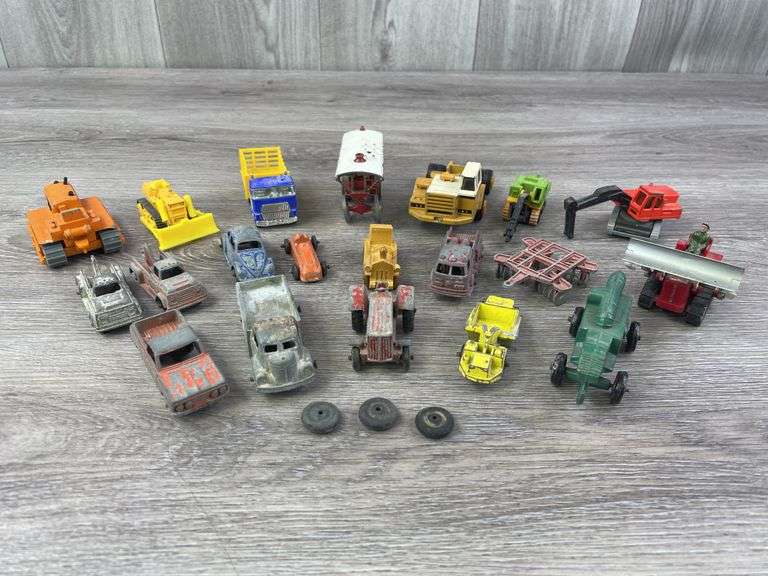 Truck, Cars, Thresher, Dozers, Excavators & Disc, 1/64, Ertl, Tootsie Toys, Lesney, Some Missing & Broken Parts