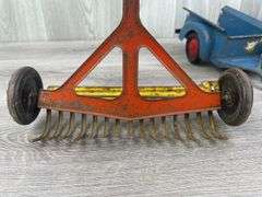 Marx Tin Litho Wagon, 2 Rakes, 3 Bottom Plow & Sickle Mower