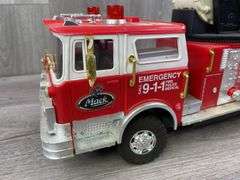Mack Fire Dept. Unit 33 RC Fire Truck, Missing & Broken Parts, Goes Forward/Reverse But Not Steerable, Siren Works