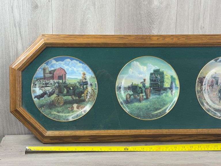 John Deere Plates No. G2650 & 2651 In Wall Plaque-44 1/2”x13 1/2”, Topping Off The Wagon, Golden Harvest, The Hay Ride & Days Of Splendor, The Danbury Mint