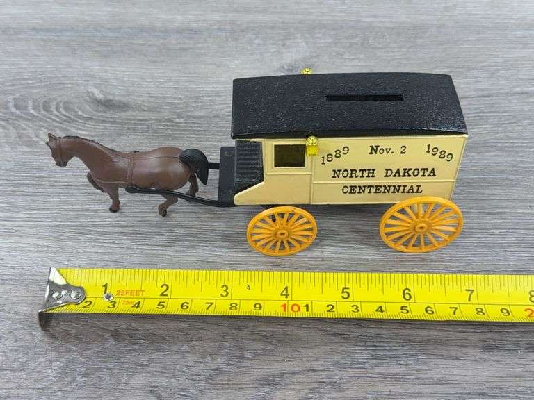 1989 North Dakota Centennial Horse Drawn Bank, 7”, Ertl, Missing Key
