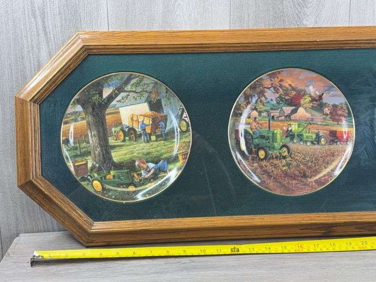 John Deere Plates No. A7828 & B1176 In Wall Plaque-44 1/2”x13 1/2”, Flushed From The Field, Harvest Of Gold, Twilight Break & Autumn Memories, The Danbury Mint