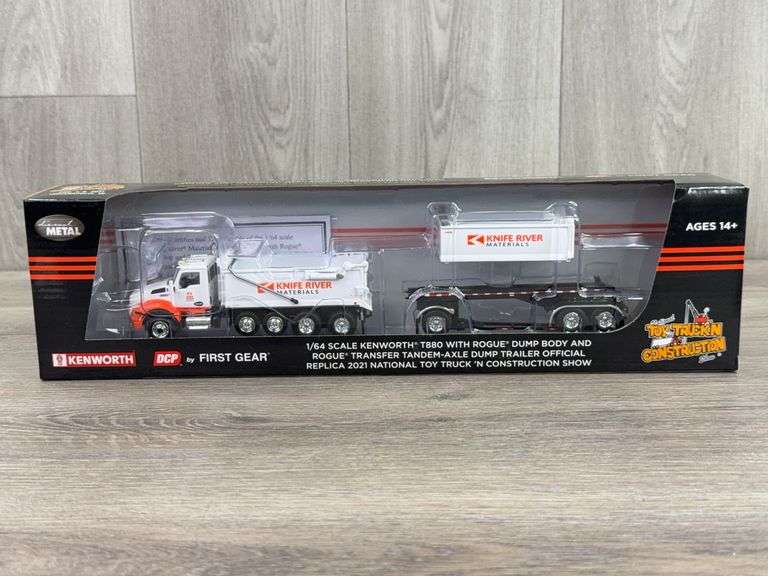 Kenworth T880 Knife River Materials Dump Truck & Transfer Tandem Axle Dump Trailer, 1/64, DCP By First Gear,  National Toy Truck'n Construction Show Aug 6-8, 2021 Indianapolis IN