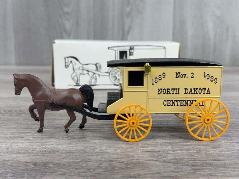 1989 North Dakota Centennial Horse Drawn Bank, 7”, Ertl, Missing Key