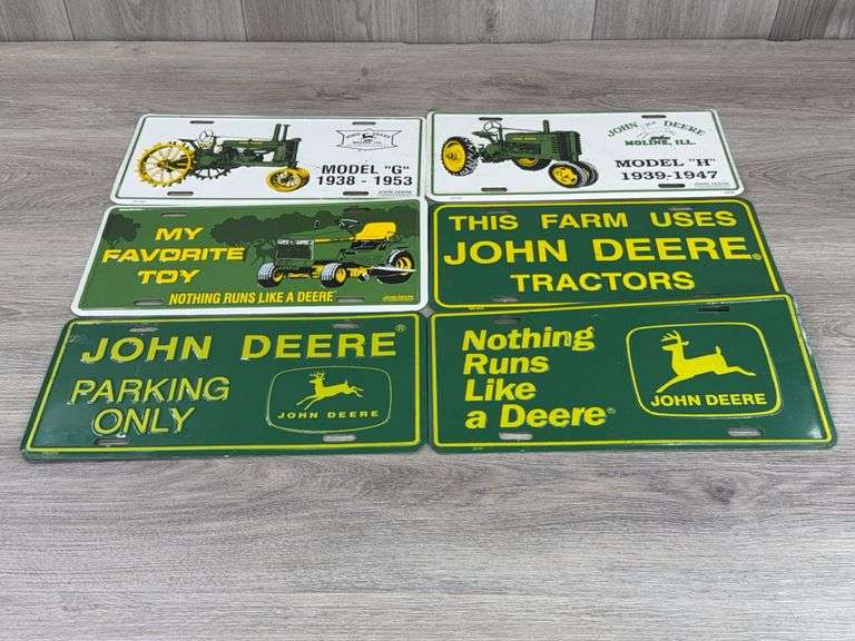 6 John Deere Metal License Plates-G, H, Parking, 11 3/4”Wx6”H