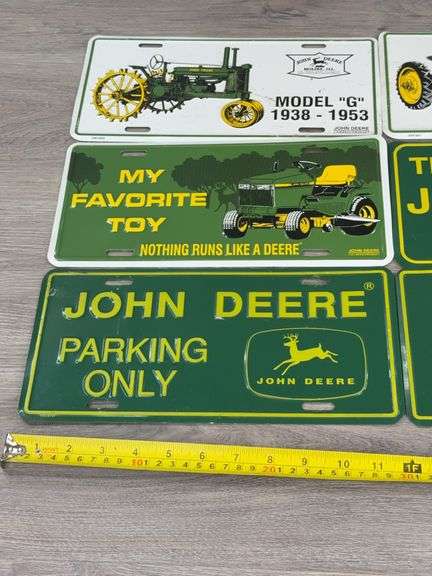 6 John Deere Metal License Plates-G, H, Parking, 11 3/4”Wx6”H