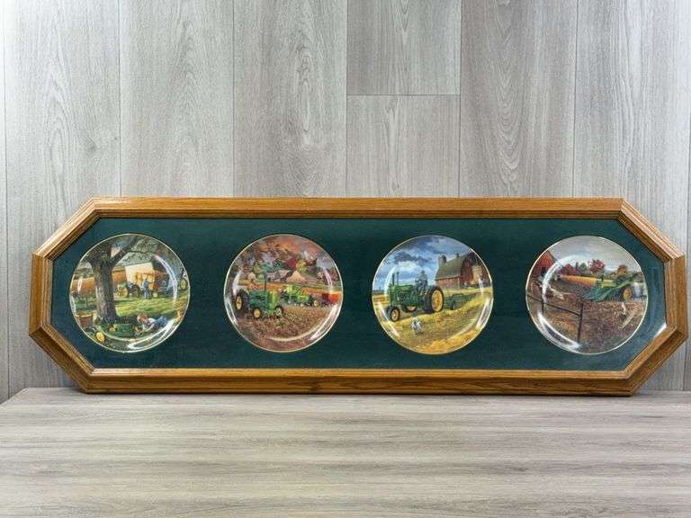 John Deere Plates No. A7828 & B1176 In Wall Plaque-44 1/2”x13 1/2”, Flushed From The Field, Harvest Of Gold, Twilight Break & Autumn Memories, The Danbury Mint