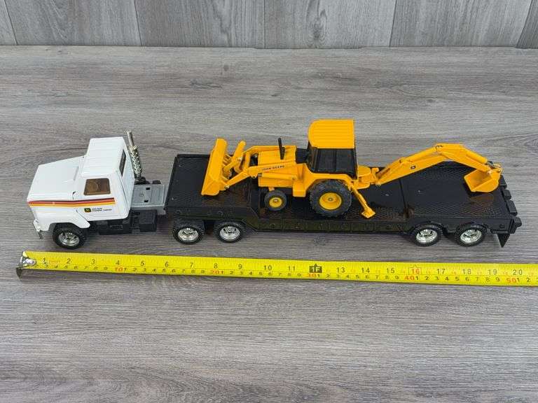 John Deere Equipment Co. Tractor Trailer W/Backhoe/Loader, 20 1/4” Long, Ertl