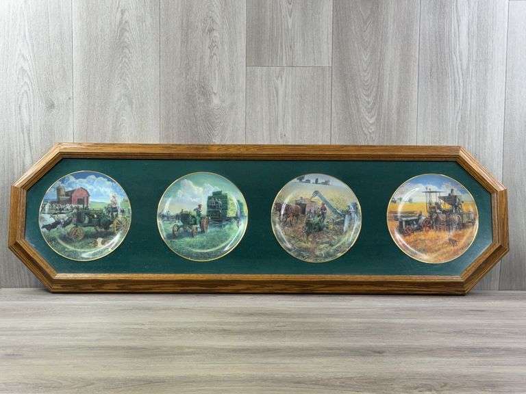 John Deere Plates No. G2650 & 2651 In Wall Plaque-44 1/2”x13 1/2”, Topping Off The Wagon, Golden Harvest, The Hay Ride & Days Of Splendor, The Danbury Mint