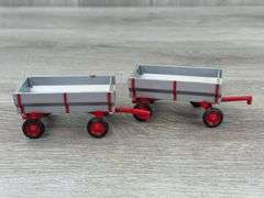 3 Flarebox Wagons-Ertl, 4” & 2 Tootsie Toys Farm Wagons-3 1/2”