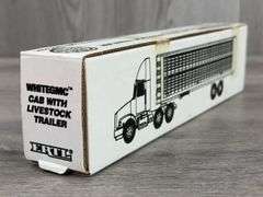 White GMC Tim's Trucking Truck W/Livestock Trailer, 1/64, Ertl