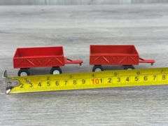 3 Flarebox Wagons-Ertl, 4” & 2 Tootsie Toys Farm Wagons-3 1/2”