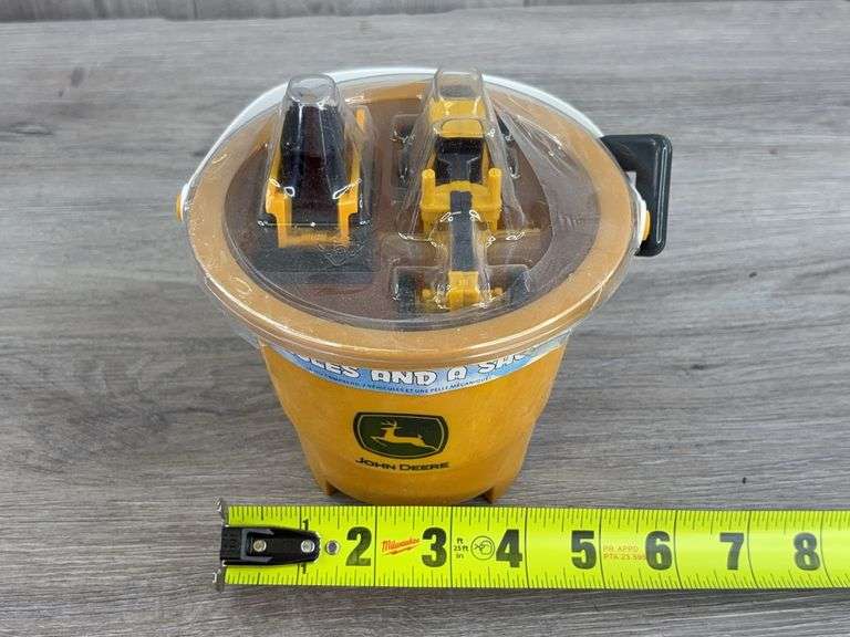 John Deere 2 Vehicles & Shovel Set In Bucket