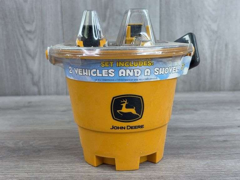 John Deere 2 Vehicles & Shovel Set In Bucket
