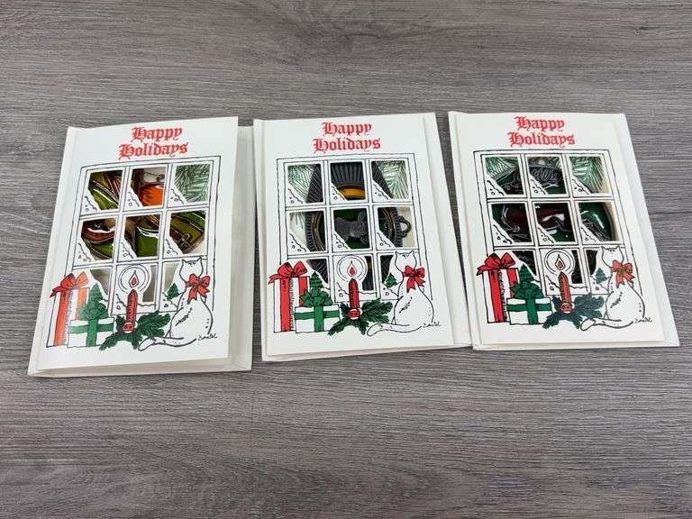 3 Happy Holidays Cards & Stained Glass Christmas Ornaments