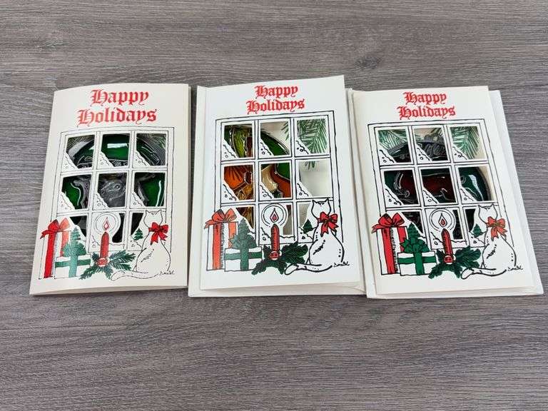 3 Happy Holidays Cards & Stained Glass Christmas Ornaments