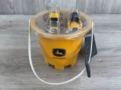 John Deere 2 Vehicles & Shovel Set In Bucket