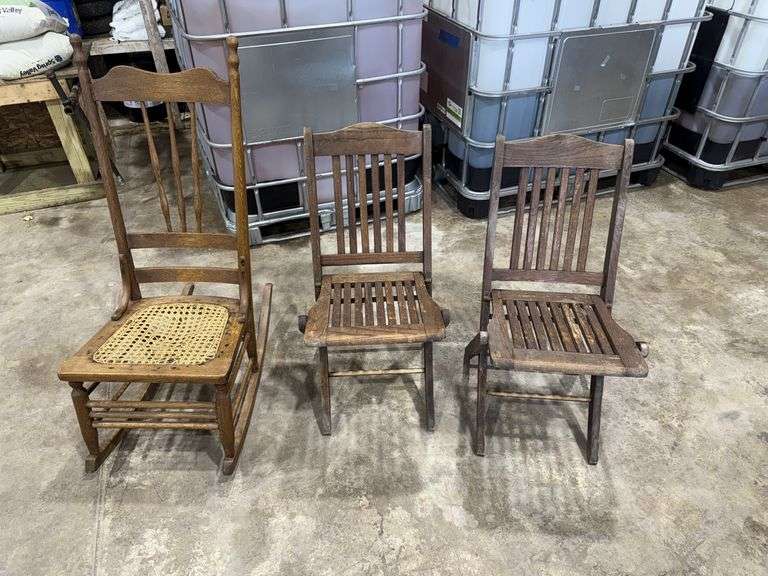 2 Wood Folding Chairs & 1 Wood Rocking Chair