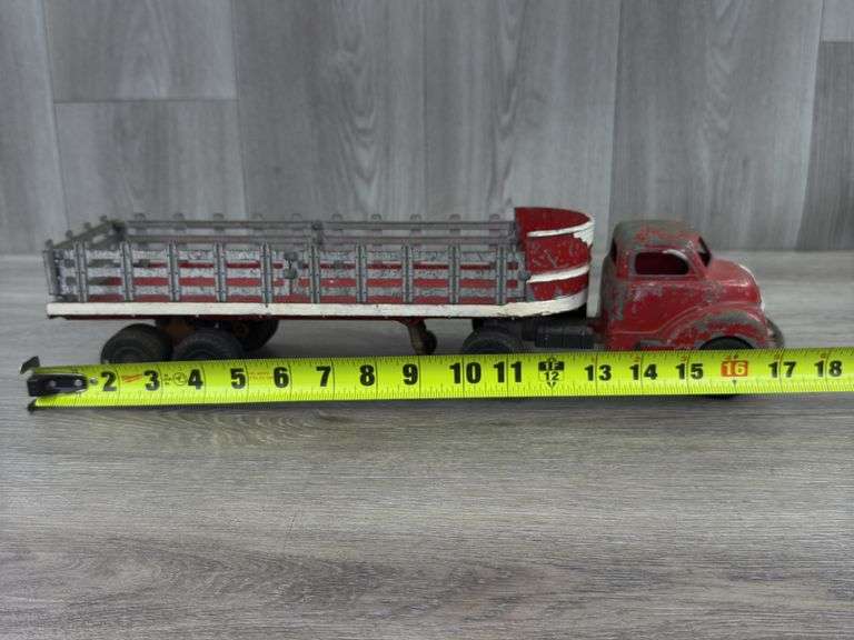 Hubley Truck & Stake Trailer, 17 1/2” Long, Has Been Painted