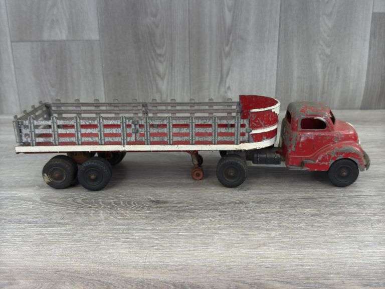 Hubley Truck & Stake Trailer, 17 1/2” Long, Has Been Painted