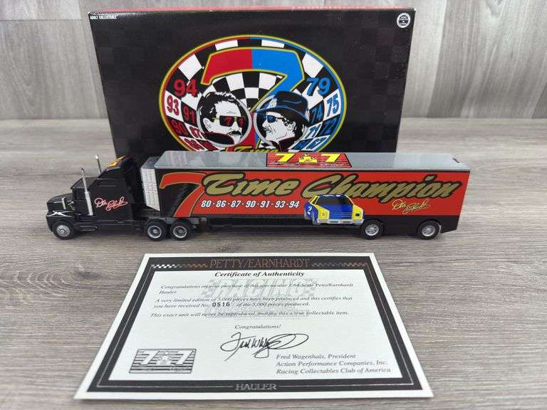 Dale Earnhardt Sr. #3 & Richard Petty #43 7 Time Champions Race Car Transporter, 1/64, 1995 Limited Edition, #516 Of 5,000, Certificate Of Authenticity, Action