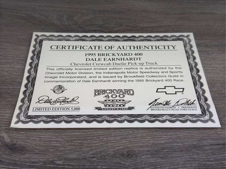 1995 Chevrolet Crew Cab Dually Brickyard 400 Official Truck Bank, 1/24, Dale Earnhardt Winner, Limited Edition Of 5000, Certificate Of Authenticity, Brookfield Collectors Guild