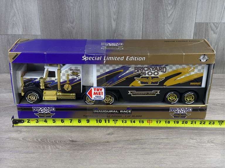 1994 Brickyard 400 Inaugural Race Kenworth Tractor Trailer, 22” Long, Special Limited Edition, #1699/10,000, Certificate Of Authenticity, Buddy L, Buttons Work