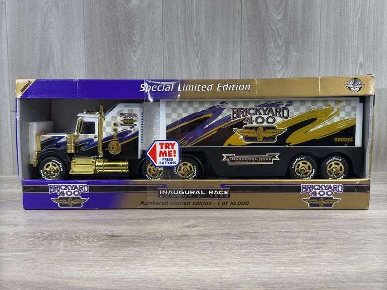 1994 Brickyard 400 Inaugural Race Kenworth Tractor Trailer, 22” Long, Special Limited Edition, #1699/10,000, Certificate Of Authenticity, Buddy L, Buttons Work