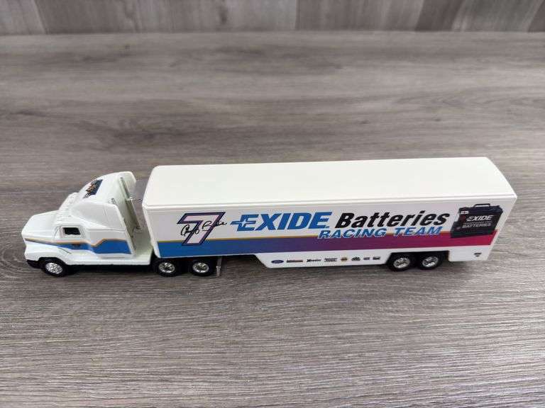 Geoff Bodine #7 Exide Batteries Freightliner Racing Team Transporter, 1/64, Limited Edition, White Rose Collectibles, Ertl, Original Shipping Box
