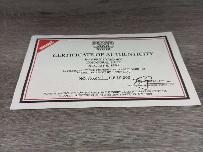 1994 Brickyard 400 Inaugural Race Kenworth Tractor Trailer, 22” Long, Special Limited Edition, #1699/10,000, Certificate Of Authenticity, Buddy L, Buttons Work